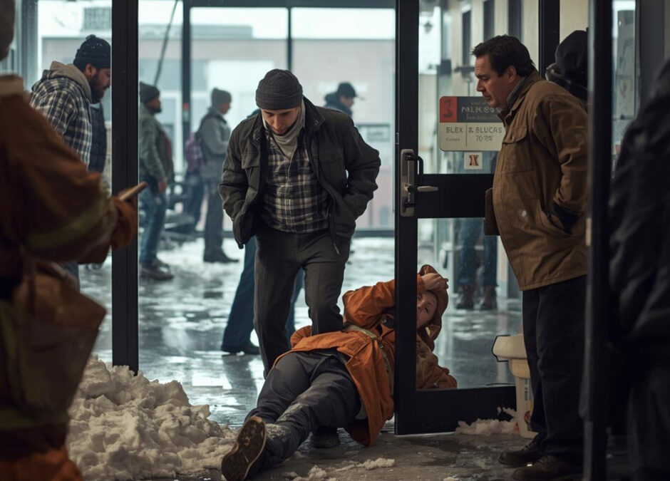 A man kneels on the floor of what appears to be an airport terminal, helping a child sitting on the ground while several adults stand nearby watching with concern.